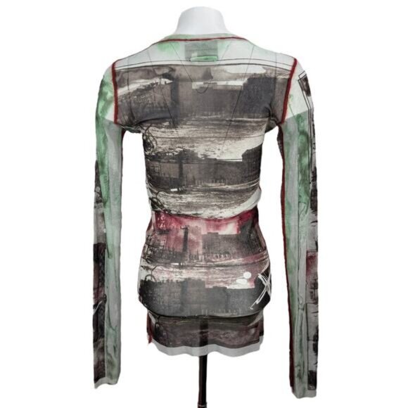 JEAN PAUL GAULTIER Vintage Long Sleeve Mesh Top Sz Large Berlin Wall City Scape - Picture 3 of 12